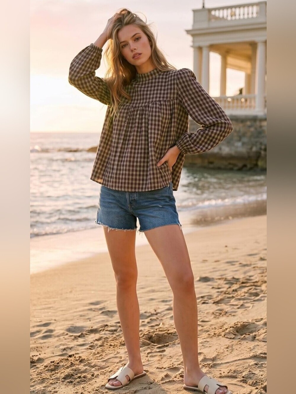 NWT Brown Gingham Mock Neck Babydoll Blouse | Size Large | Just Arrived